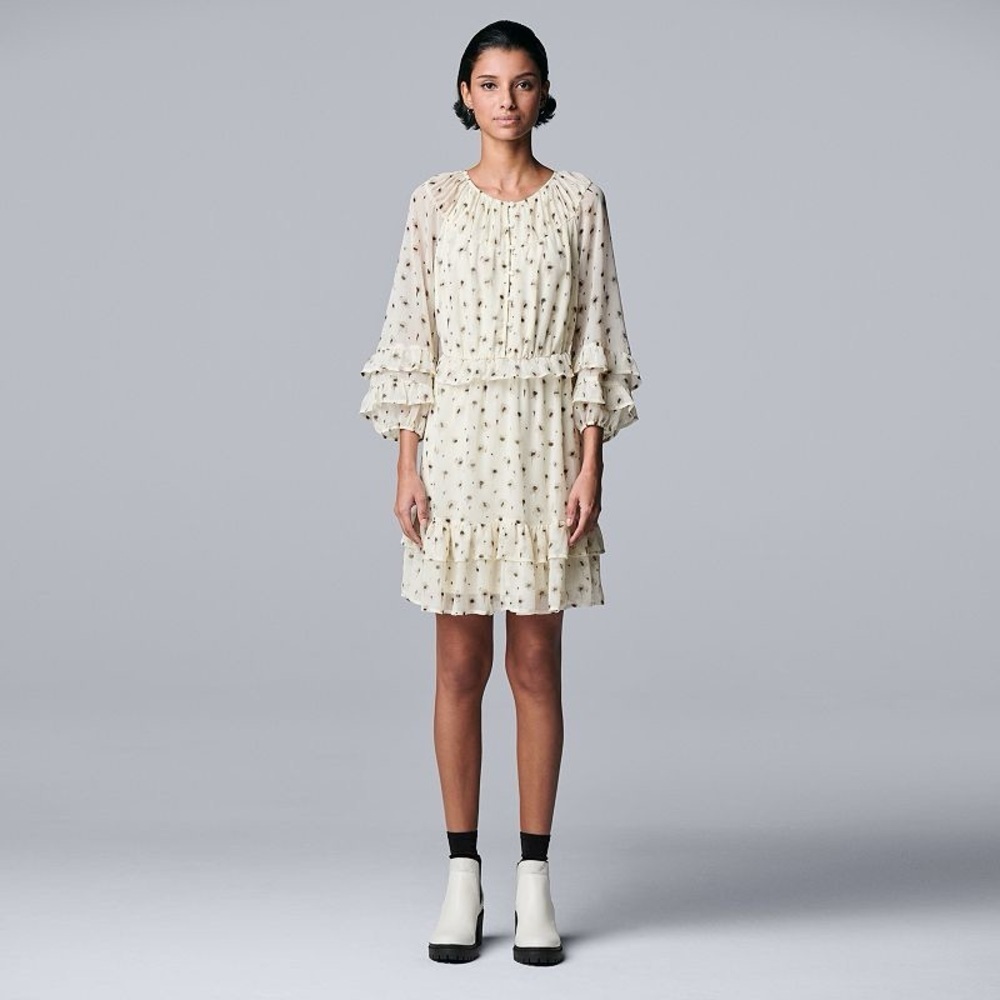 Simply Vera Vera Wang Ivory Floral Ruffle Chiffon Dress Romantic Boho Medium